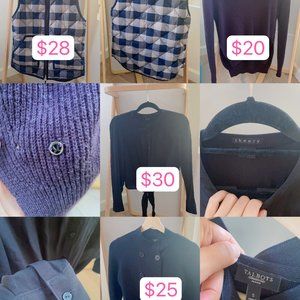 Jcrew vest, Lululemon sweater, Theory top and Talbots top